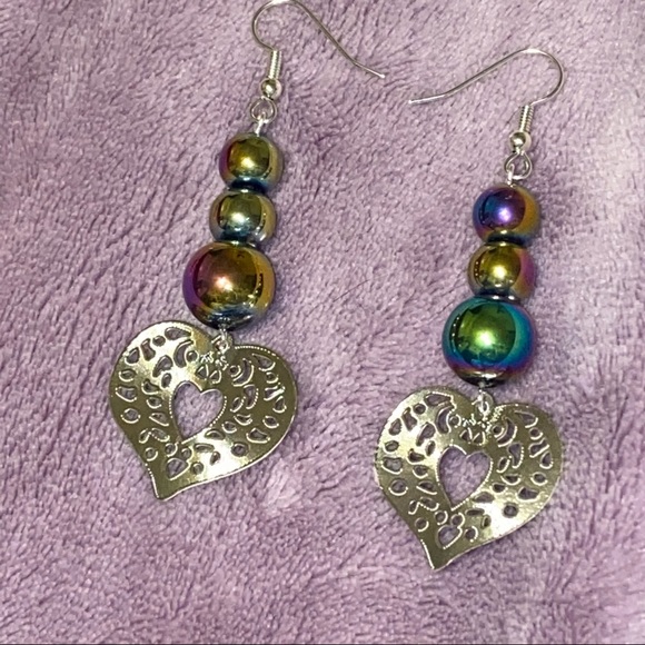 HAND CRAFTED Earrings Rainbow Heart Long Glass Beads Jewelry Silver Dangle - Picture 4 of 7